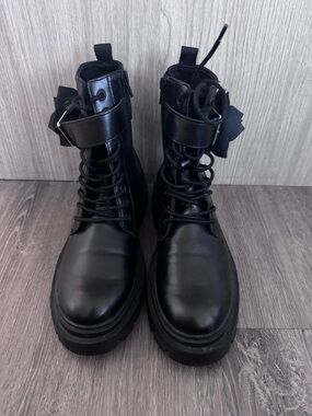 Women's Black Lace-Up Combat Boots with Ankle Strap